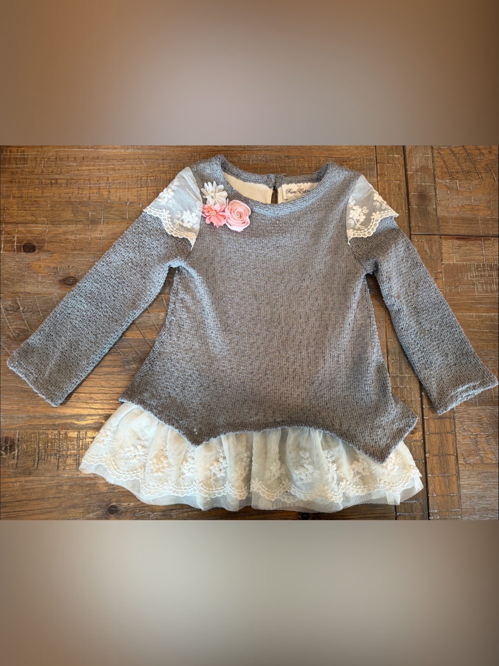 Rare Editions Gray Knit Top with Pink Flower and Cream Lace Hem